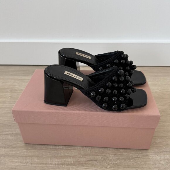Miu Miu Shoes - Miu Miu black Beaded Crochet Mule Sandals size 36